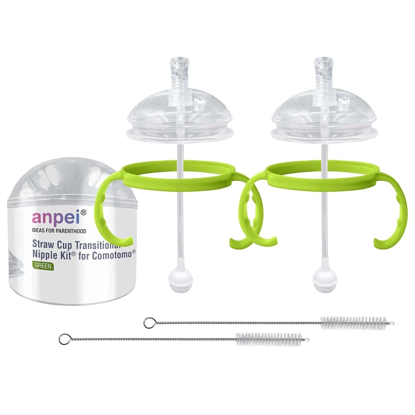 Straw Transition Cup Kit for Comotomo Baby Bottles | Conversion Kit Fits 5 and 8 Ounce Bottles | Soft, Silicone Straw Top Bottle Nipple & Weighted Straw to Help Baby | 2 Pack (Green) + Brushes