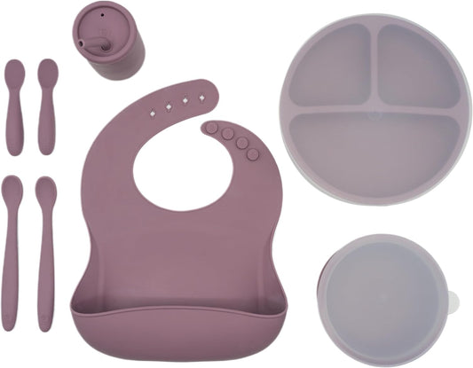 WeeSprout Baby Led Weaning Bundle, Silicone Suction Bowl, Spoons, Bib & Cup, Develops Self Feeding Skills, Dishwasher Safe (Purple)