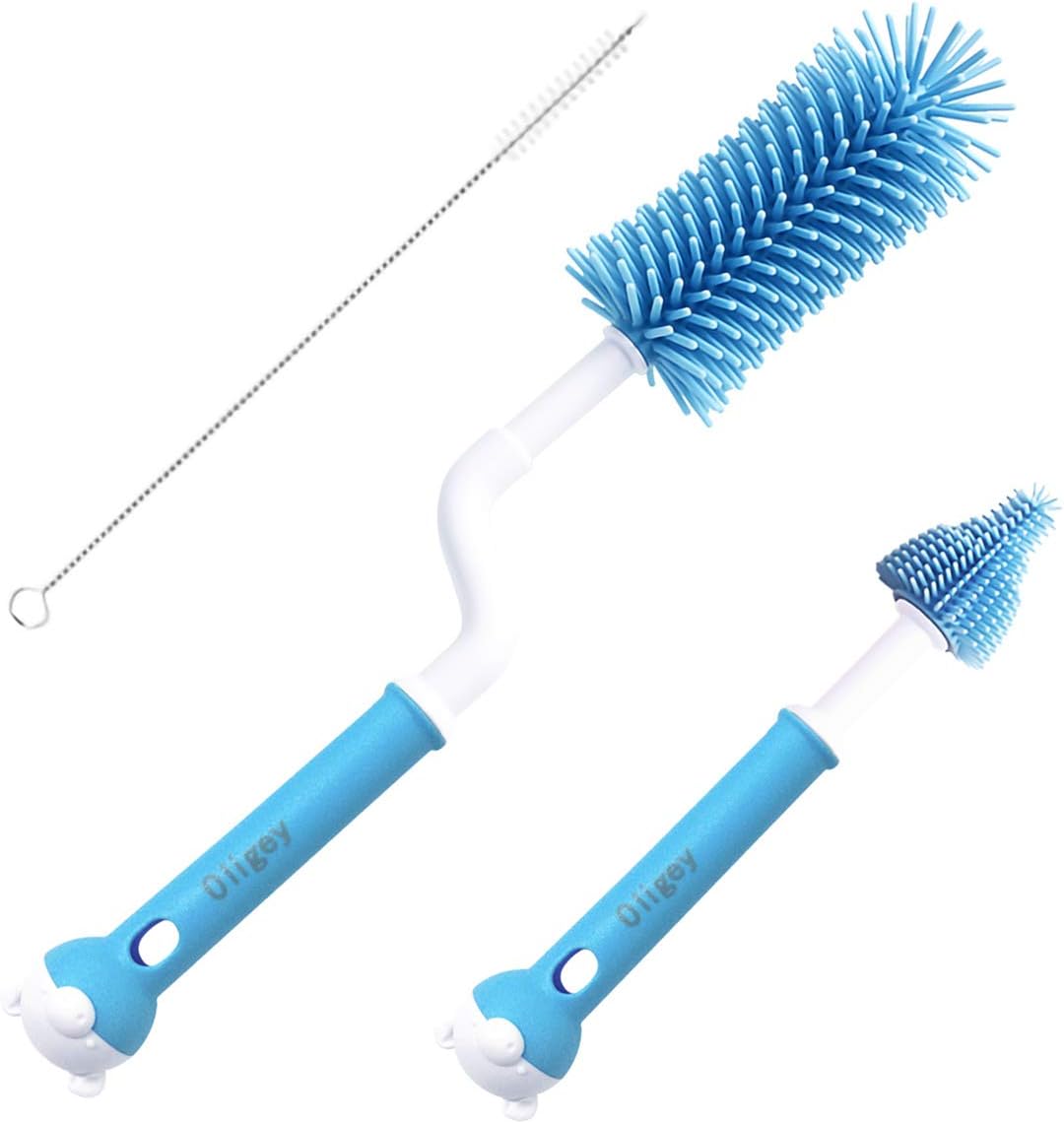 Silicone Baby Bottle Brush Set Cleans Deep Container Nipple or Straw with Rotation Long Handle,3 in 1 Rubber Cleaning Kits Wash Infant Pacifier Teat Nozzle or Breast Pump by Spinning Handhold