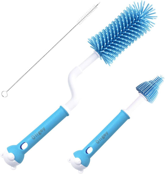 Silicone Baby Bottle Brush Set Cleans Deep Container Nipple or Straw with Rotation Long Handle,3 in 1 Rubber Cleaning Kits Wash Infant Pacifier Teat Nozzle or Breast Pump by Spinning Handhold