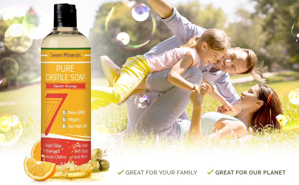 Seven Minerals Pure Castile Soap, Sweet Orange 8oz - No Palm Oil, GMO-Free - Gentle Liquid Soap For Sensitive Skin & Baby Wash - All Natural Vegan Formula with Organic Carrier Oils