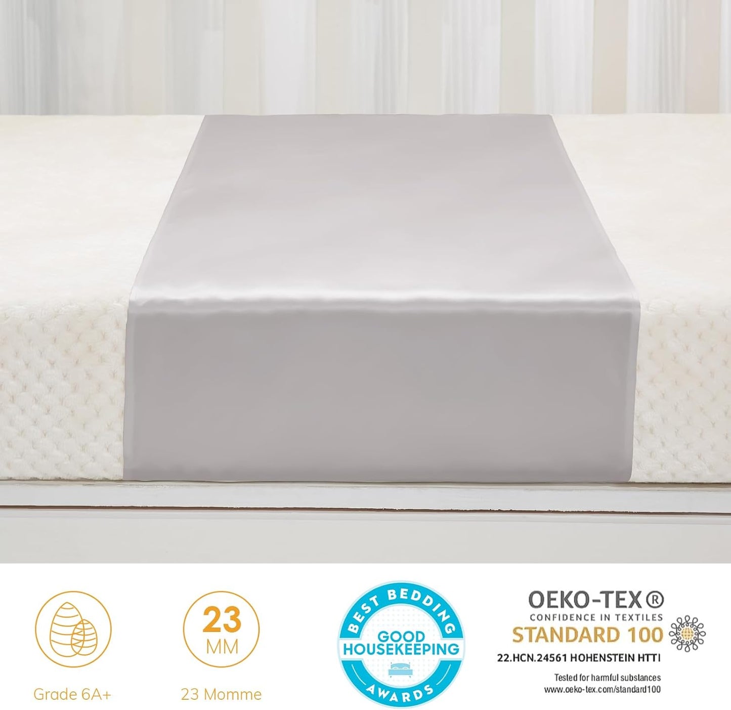 PROMEED Baby Silk Bassinet Sleeve, 23 Momme Pure Silk Cot Semi Sheet, Adjustable for All Standard Bassinet/Cradle/Cot/Crib Mattress (Light Grey)