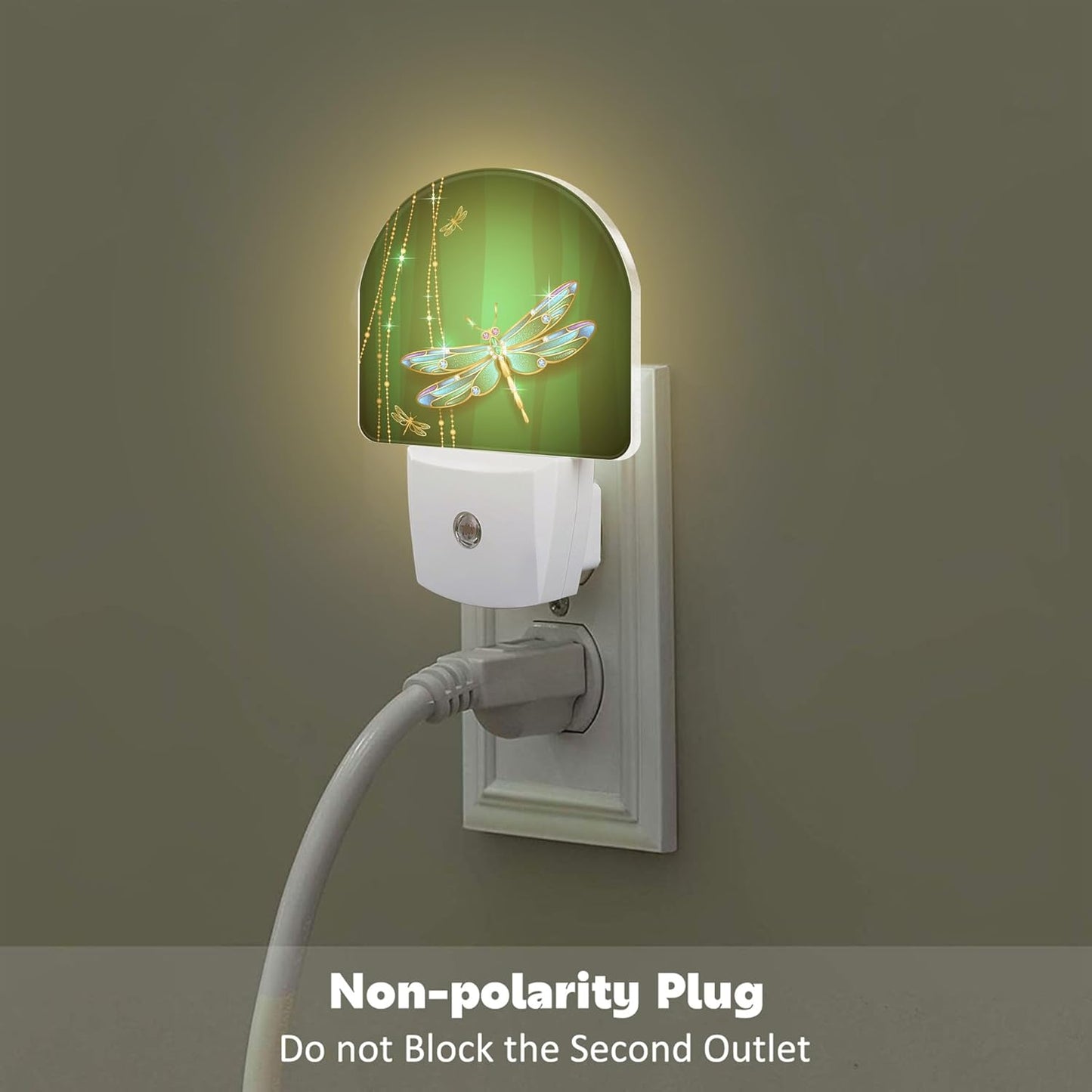 Green Jewel Dragonfly Night Light for Kids,Luxuxy Gold Dragonfly Night Light Plug in with Dusk to Dawn Sensor,0.5w Energy Saving Sleep Friendly Nightlight for Hallway Stairway Kitchen Bedroom