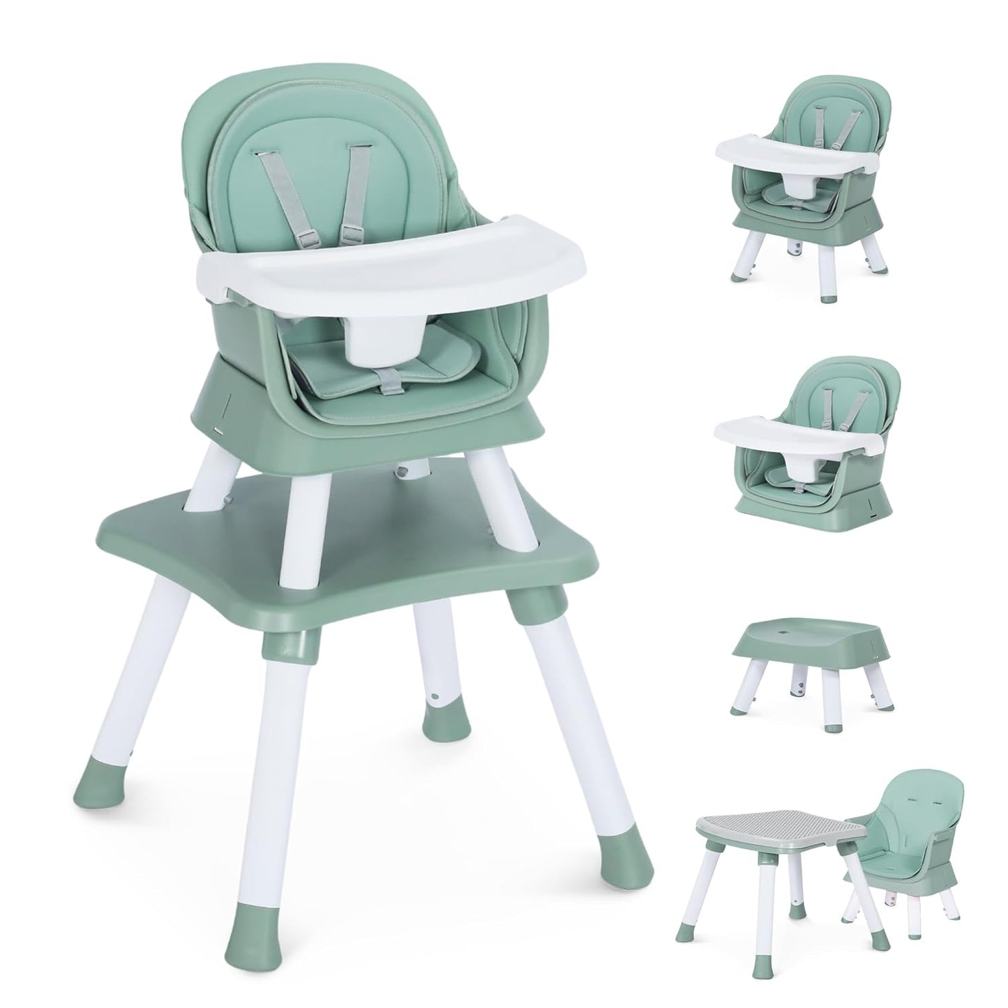 8 in 1 Baby Highchair, Convertible High Chair for Babies and Toddlers, Booster Seat w/5-Point Safety Belt, Toddler Building Block Table, Dishwasher Safe Tray, No Tool Install, Green
