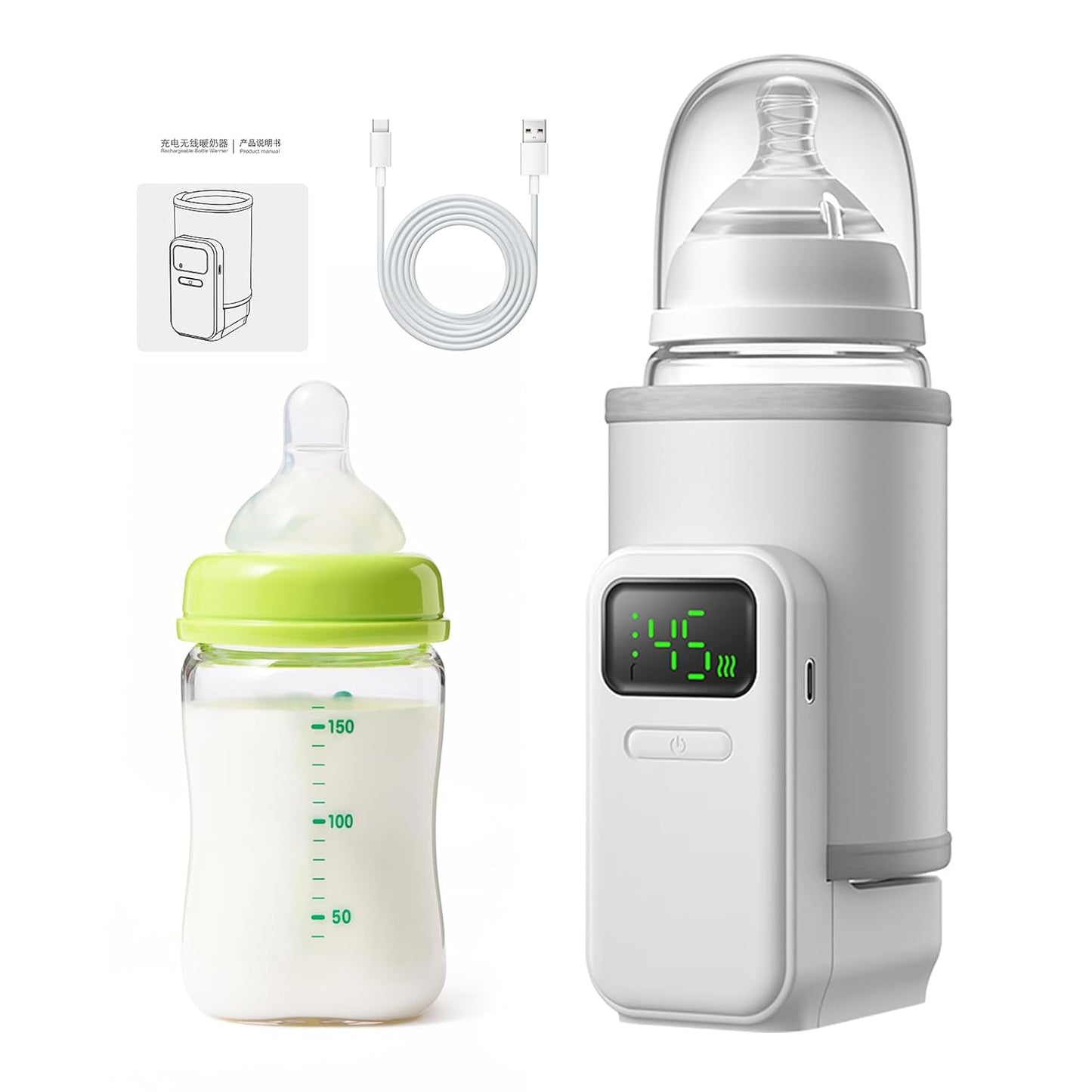 Portable Bottle Warmer - Travel-Easy,Fast Warming,6-Speed Temperature Control,Comfortsble Baby Feeding On-The-go,Battery-Powered Waterless Milk Warmer