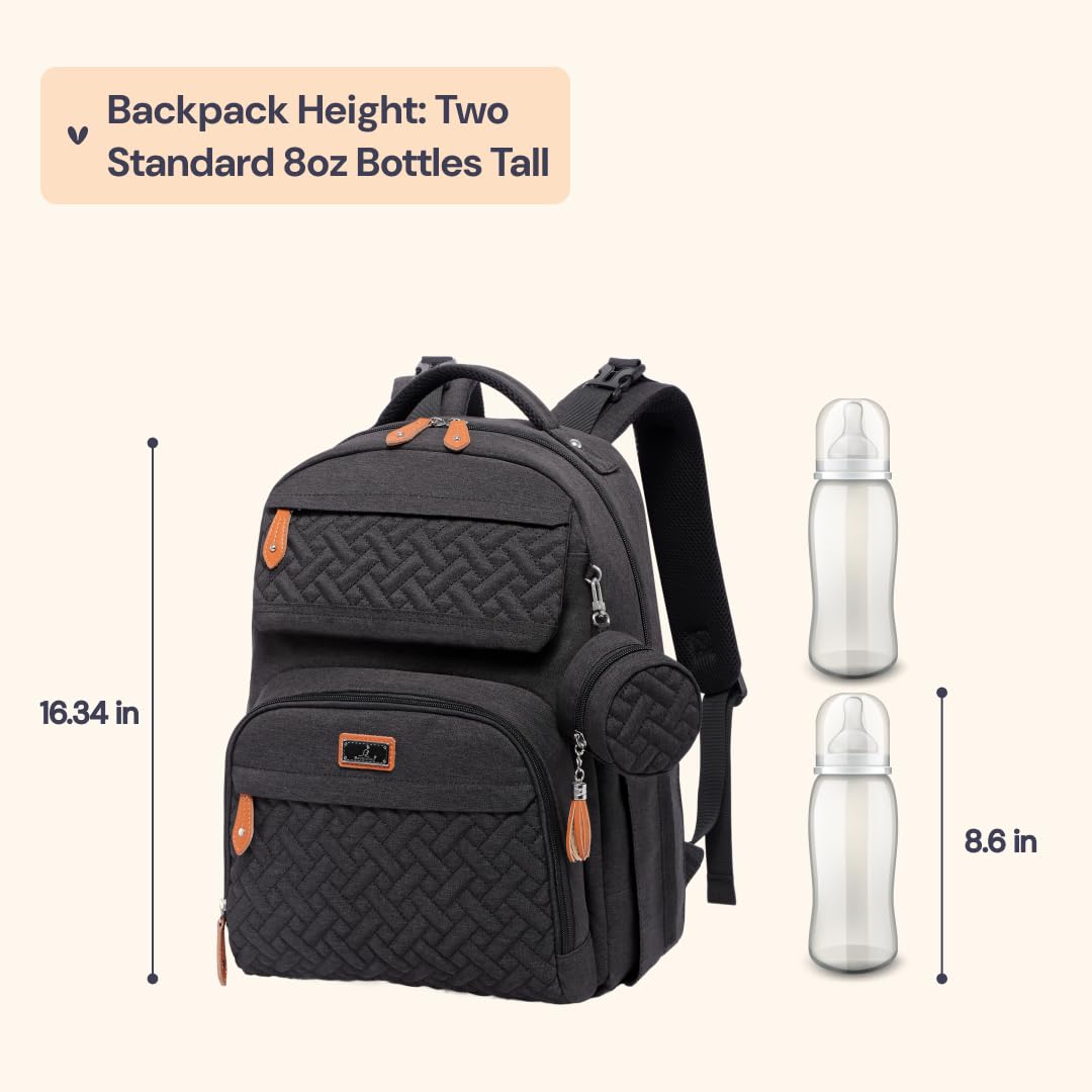 BabbleRoo Diaper Bag Backpack, Travel Backpack with Changing Pad, Pacifier Case & Stroller Straps, Multifunction, Waterproof, Unisex – Black