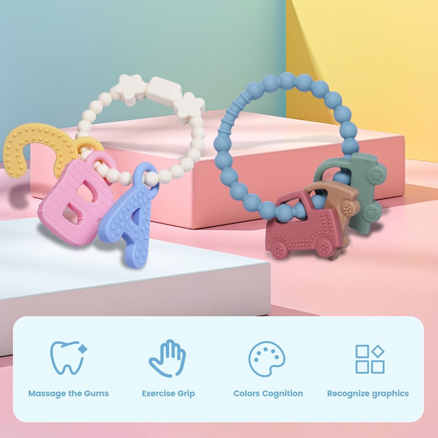 Baby Silicone Ring Toy with 3 Cars Teether,Food Grade Silicone Chew Toys for 3-6,6-12,12-18 Months Newborns,Infants,Toddlers Teething Relief,Safe and Soft,BPA Free,Baby Essentials.