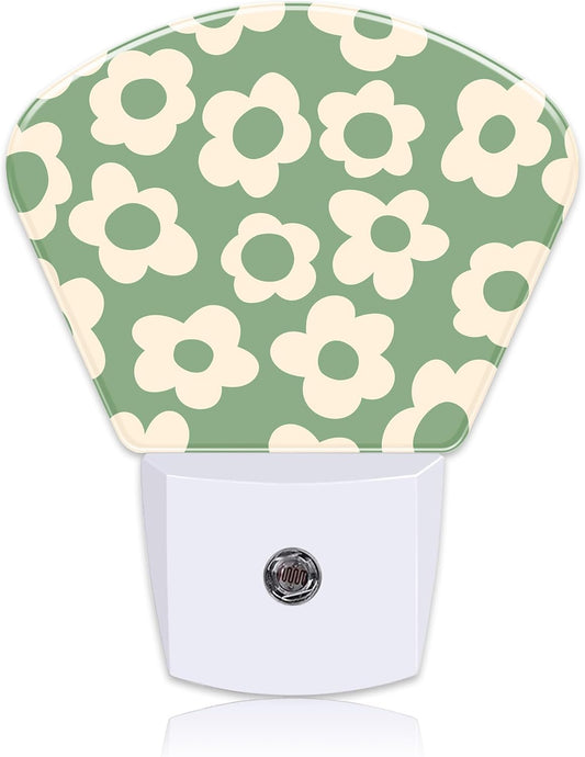 Vintage Green Flowers Night Light, Groovy Flowers Nightlight Plug into Wall with Dusk to Dawn Sensor for Kid Girls Boys Women Men Bedroom, Hallway, Kitchen, Bathroom, Stairs Decor