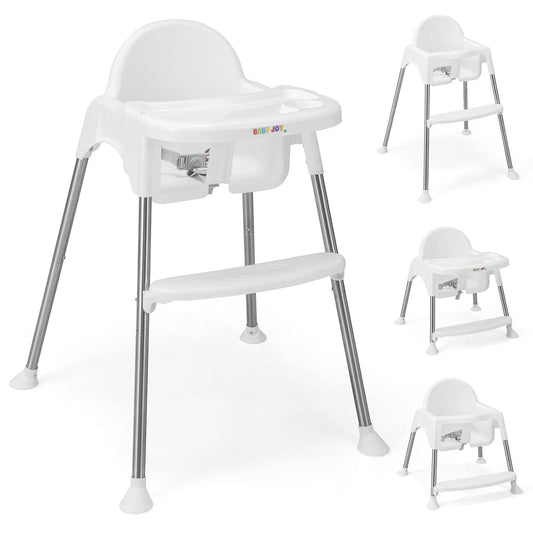 BABY JOY Baby High Chair, 4 in 1 Convertible Highchair for Babies & Toddlers with Adjustable Legs, Double Removable Tray, Safety Harness & Footrest (White)