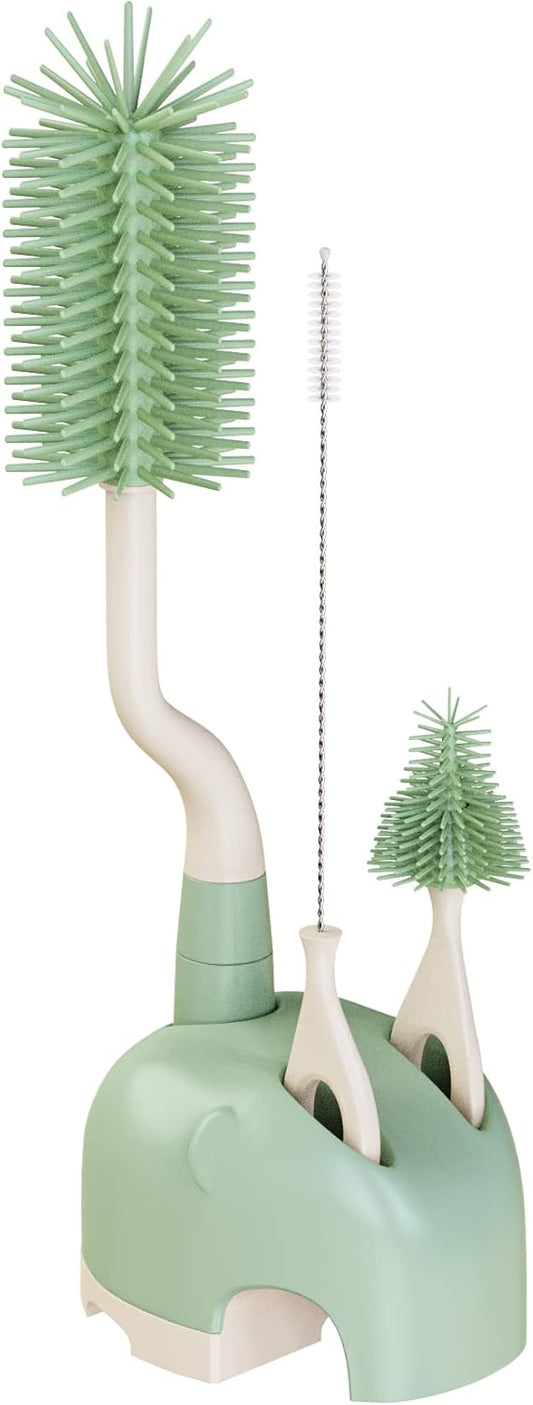 Silicone Bottle Brush Set with Stand, 360° Rotating Bottle Cleaning Brush Cleaner Set, Long Handle 3 in 1 Multipurpose Silicone Baby Bottle Straw Cleaner Brush (Green)