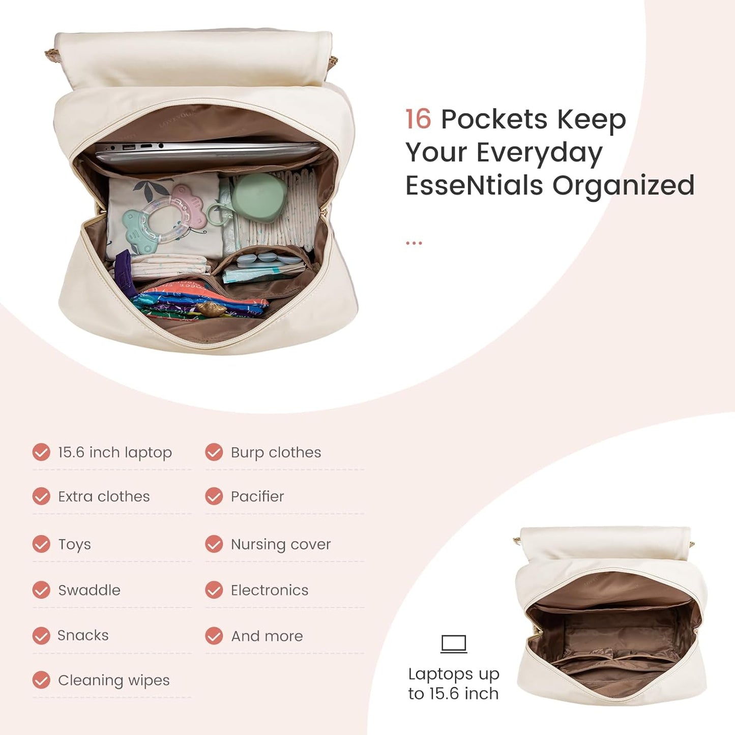 LOVEVOOK Diaper Bag Backpack, Baby Travel Bags for Boys & Girl, Toddler Waterproof Diaper Bag w/Changing Pad (Pink, 15.6''-Small)