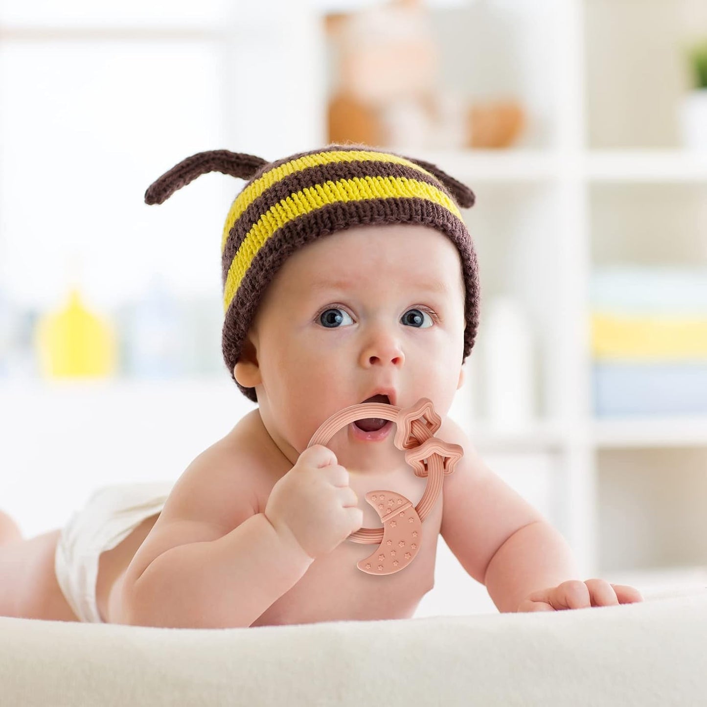 Silicone Baby Teething Toy, Silicone Baby Ring Teether for Babies 3 Months+, Raised Texture to Soothe Gums, BPA Free, Boys Girls Shower, Birthday, Christmas Gifts (Ether)