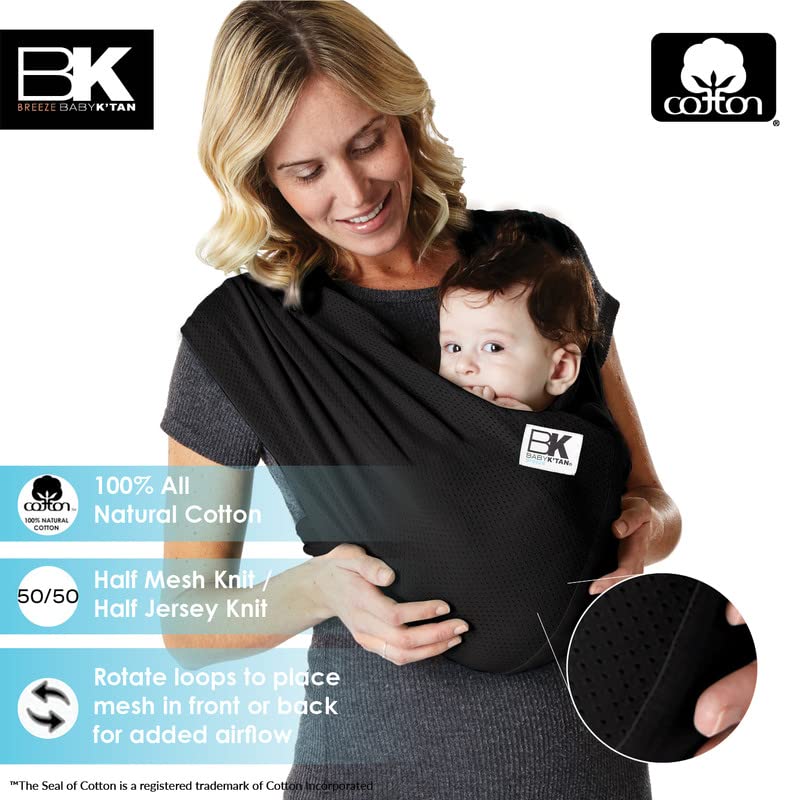 Breeze Baby K'tan Baby Carrier, #1 Easy Pre-Wrapped Baby Sling Gift | Breathable 100% Cotton Mesh | Hands Free Wrap for Infants | No Rings Or Buckles | Black | Large