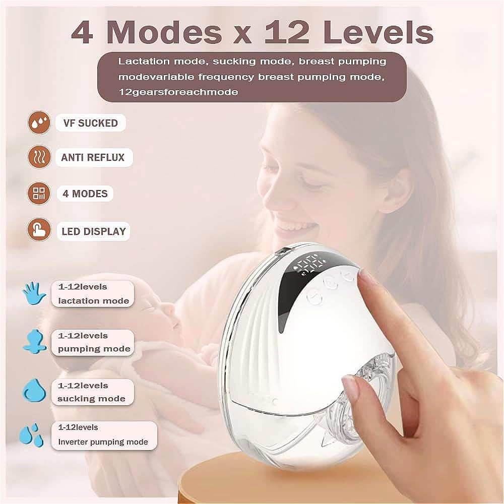 Wearable Breastfeeding Pump,4 Modes & 12 Levels,Hands Free Breast Pump,Memory Function,Electric Breast Pump,Strong Suction,Rechargeable, Double-Sealed Flange Sizes (19/21/24mm) (White 1 Pack)
