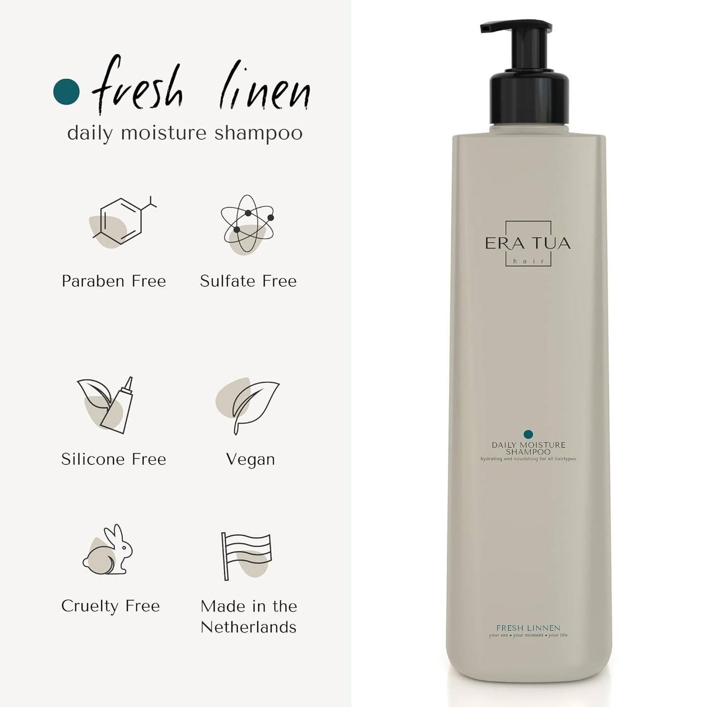 Fresh Linen Hydrating Shampoo | Dutch Made & Formulated Daily Moisture for Dry, Damaged Hair | Fresh, Uplifting Scent of Bergamot, Jasmine & Rose 250 ML