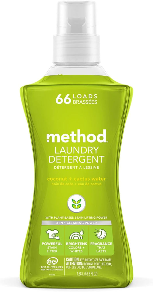 Method Liquid Laundry Detergent, Coconut + Cactus Water, 66 Loads Per Bottle, Stain Remover, 53.5 Fl Oz (Pack of 1)