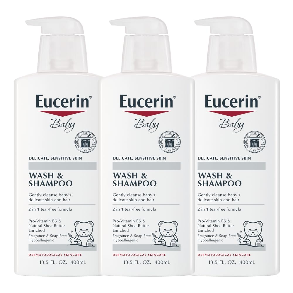 Eucerin Baby Unscented Baby Shampoo and Body Wash, Hypoallergenic, Tear Free Shampoo and Wash with Pro-Vitamin B5 and Shea Butter, 13.5 Fl Oz Bottle 3 pack