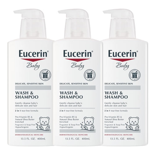 Eucerin Baby Unscented Baby Shampoo and Body Wash, Hypoallergenic, Tear Free Shampoo and Wash with Pro-Vitamin B5 and Shea Butter, 13.5 Fl Oz Bottle 3 pack
