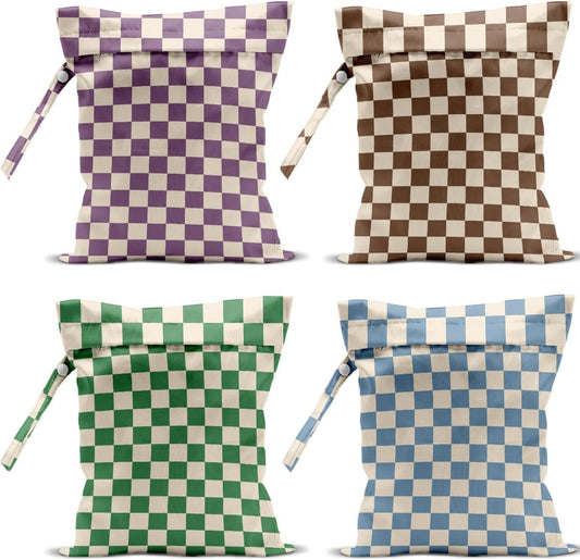 4 Pack Cute Wet Bag Waterproof Washable Reusable Wet Dry Bag for Swimsuit Dirty Clothes Cloth Diaper Travel Beach Pool Yoga Gym Party Camping Toiletries Travel Beach Essentials, Colorful Checkered