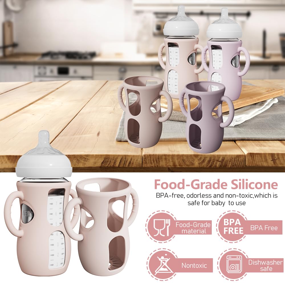 4 Pack Silicone Sleeves for Avent Natural Glass Bottles, Anti Breakage Baby Bottle Protector with Easy-Grip Handle, Compatible Philips Avent Glass Natural Bottle 8 oz, Not for Infant Use