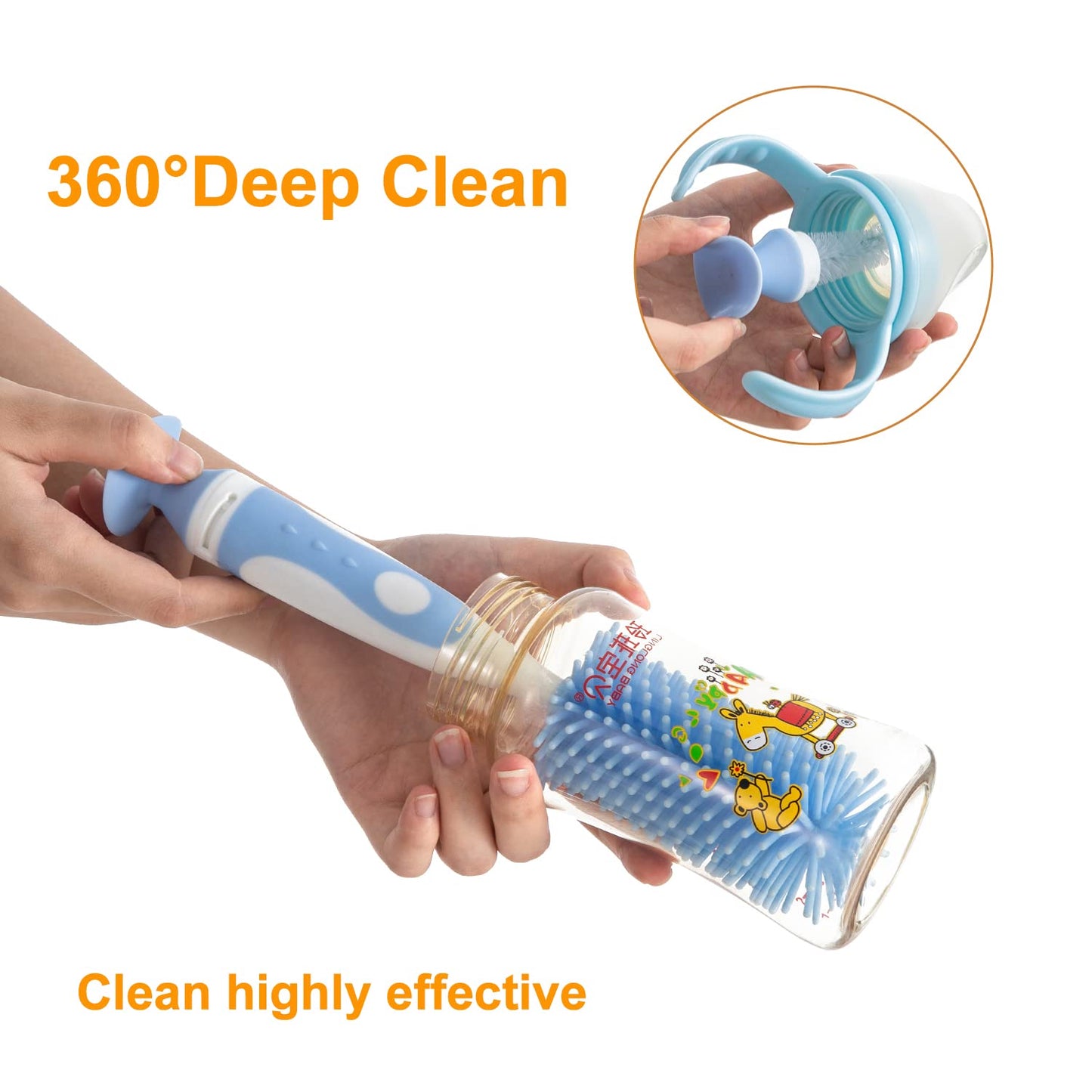 Chemimoso Multifunctional Cleaning Brush, Baby Bottle Brush, Water Bottle Brush Cleaner, Cup Brush, Rotate The Suction Cup to Obtain The Small Bristle Brushes Hidden in Handles, Set A, Grey
