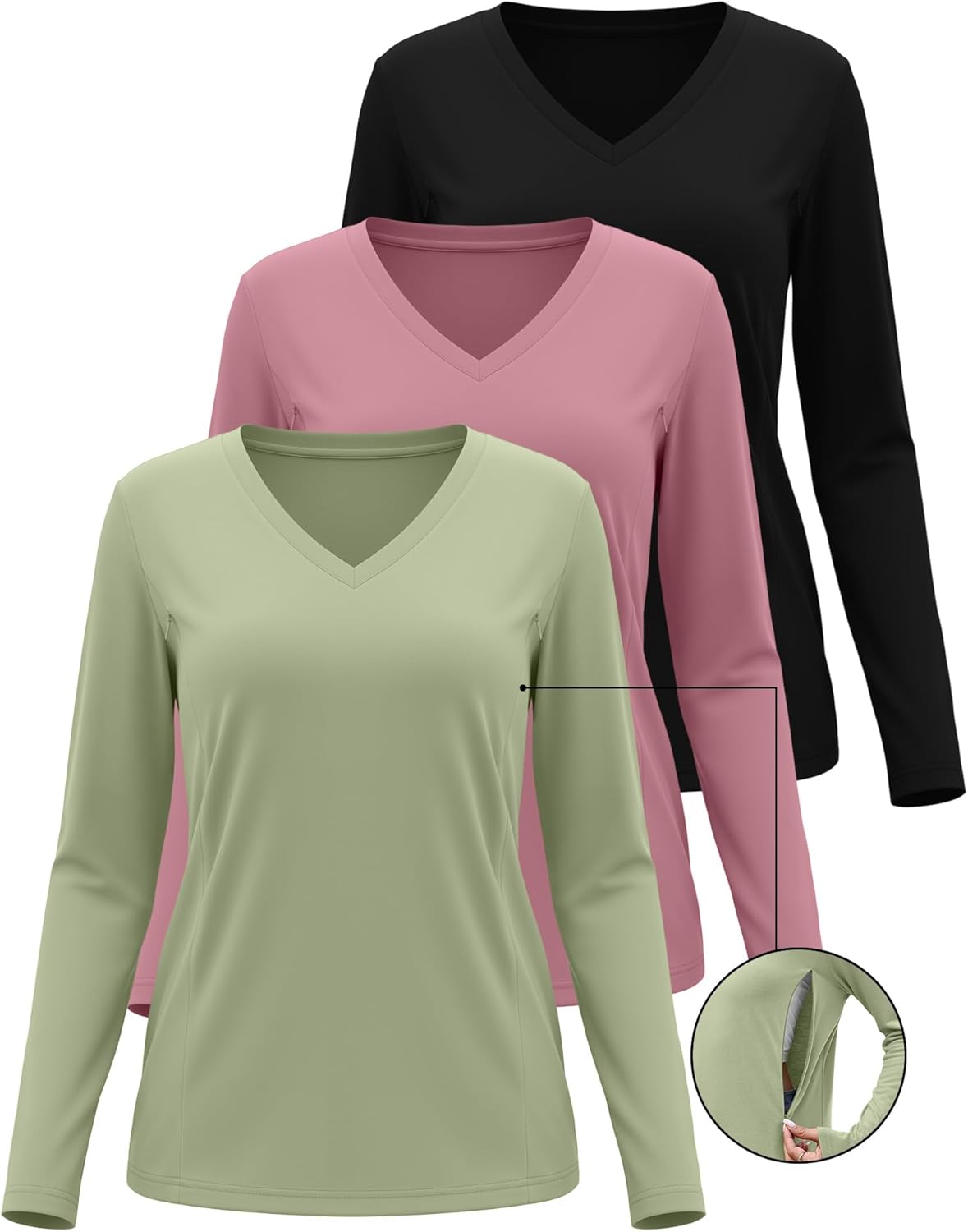 Huukeay 3 Pack Women's Long Sleeve Nursing Tops, Breastfeeding Hidden Zippers Shirts V Neck Maternity Pregnancy Tees Clothes