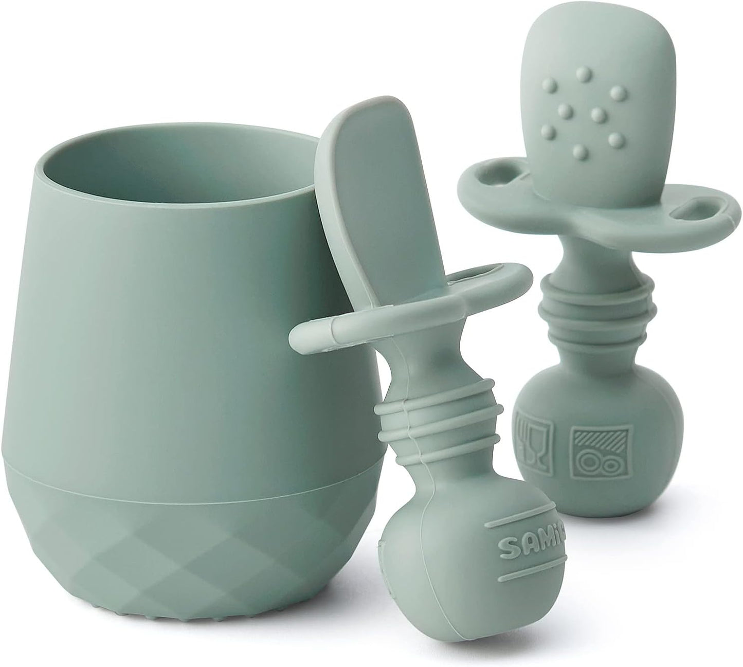 SAMiGO Silicone Baby Utensils - Self Feeding Spoons and Tiny Training Cup - First Stage Baby Led Weaning Supplies for 6 Months+ Infants - Set of 3