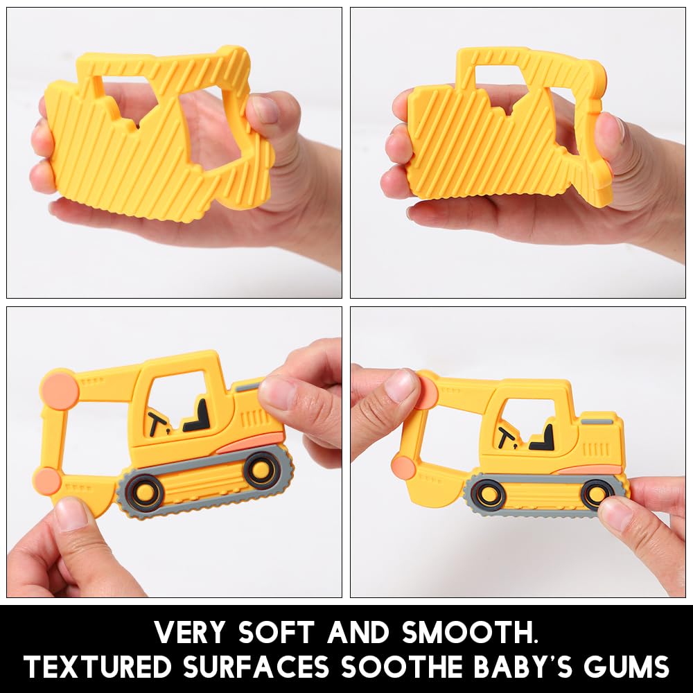 Baby Food Grade Silicone Carrier Vehicle Teether Toy with Pacifier Clip Holder,Teething Toys Gift Set for 3 Months+ Boys and Girls,Freezer Safe,BPA Free. (Excavator)