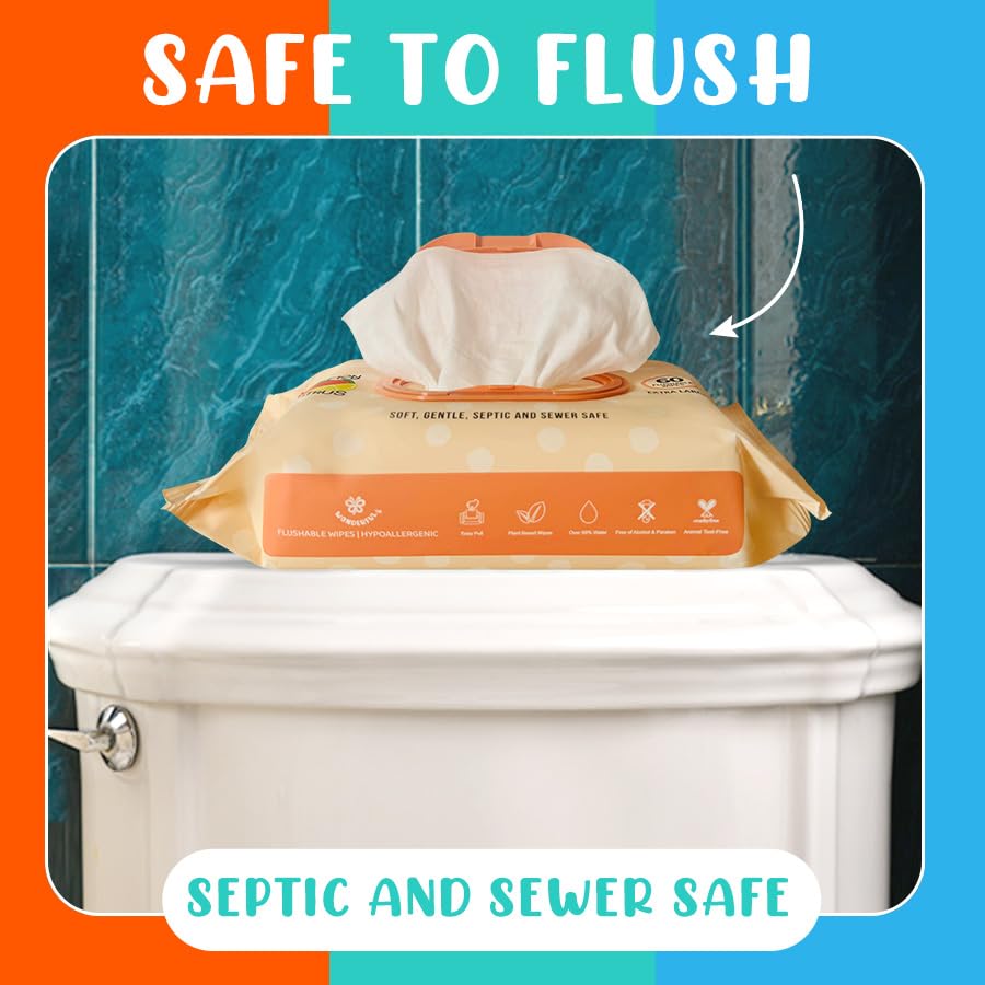 WONDERFUL Flushable Butt Wipes, Variety 100% Plant-Based Wet Wipes for Adults & Kids; Sewer, Septic Safe; Gentle for Sensitive Skin, Wipes Flushable Pack for Bathroom & Travel, 3-Pack (180 Wipes)