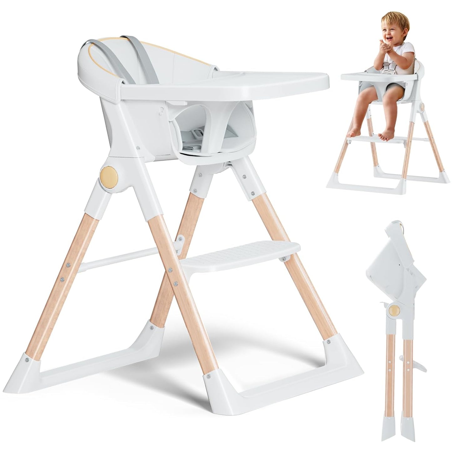Baby High Chair, High Chairs for Babies and Toddlers, Convertible Folding High Chair with Removable Tray 5 Point Harness Footrest Detachable PU Cushion, Portable Highchair for Baby Toddlers