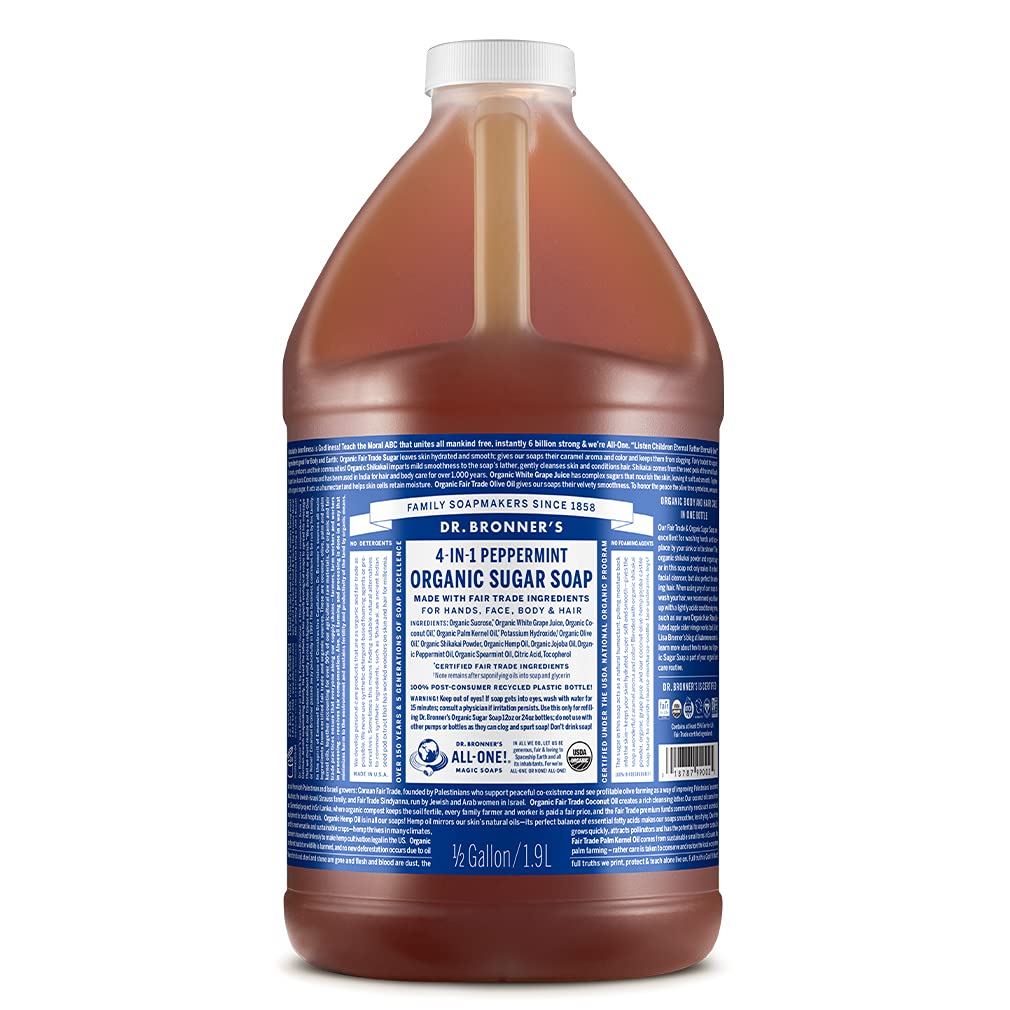 Dr. Bronner's Organic Sugar Soap (Peppermint, 64 Ounce)- Made with Organic Oils, Sugar & Shikakai Powder, 4-in-1 Uses: Hand and Body Wash, Face, Hair- Cleanses, Moisturizes, Nourishes, Vegan
