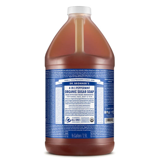 Dr. Bronner's Organic Sugar Soap (Peppermint, 64 Ounce)- Made with Organic Oils, Sugar & Shikakai Powder, 4-in-1 Uses: Hand and Body Wash, Face, Hair- Cleanses, Moisturizes, Nourishes, Vegan