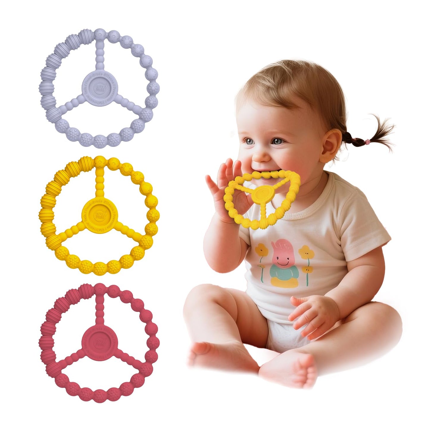 Baby Toys 6-12 Months, 3 Pack Silicone Teething Rings for Babies 0-6 months, Freezer Safe Ring Teethers 12-18 Months Essentials, Infant Teething Relief, Newborn Girl Easter Gifts (Lavender Yellow Red)
