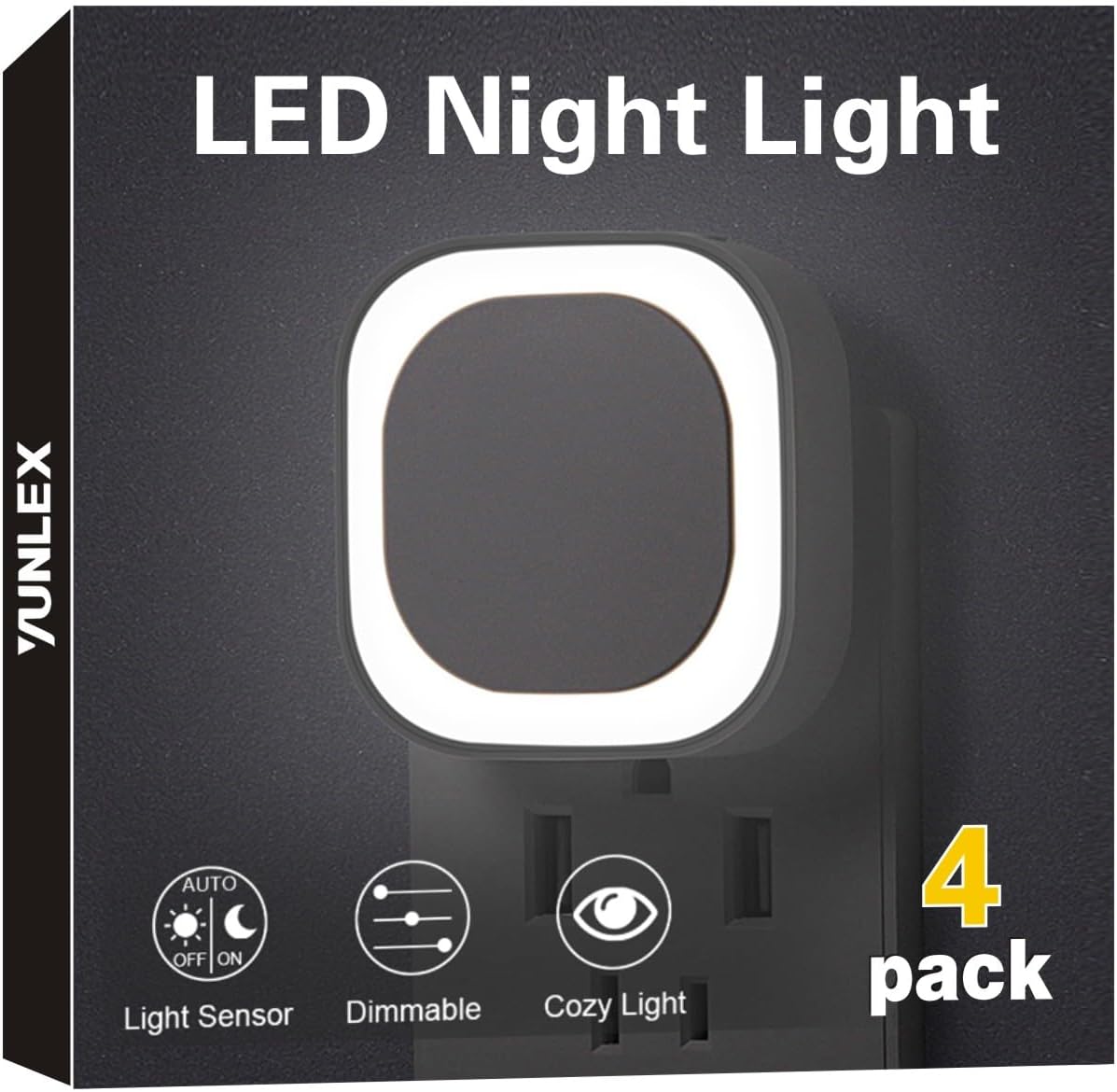4 Pack Daylight White Night Light, Gentle Eye-Care with Dimmable Wide-Glow & Indirect Reflection, Auto Dusk to Dawn Sensor, Plug in for Kitchen Counter, Garage Workshop, Laundry, Hallway