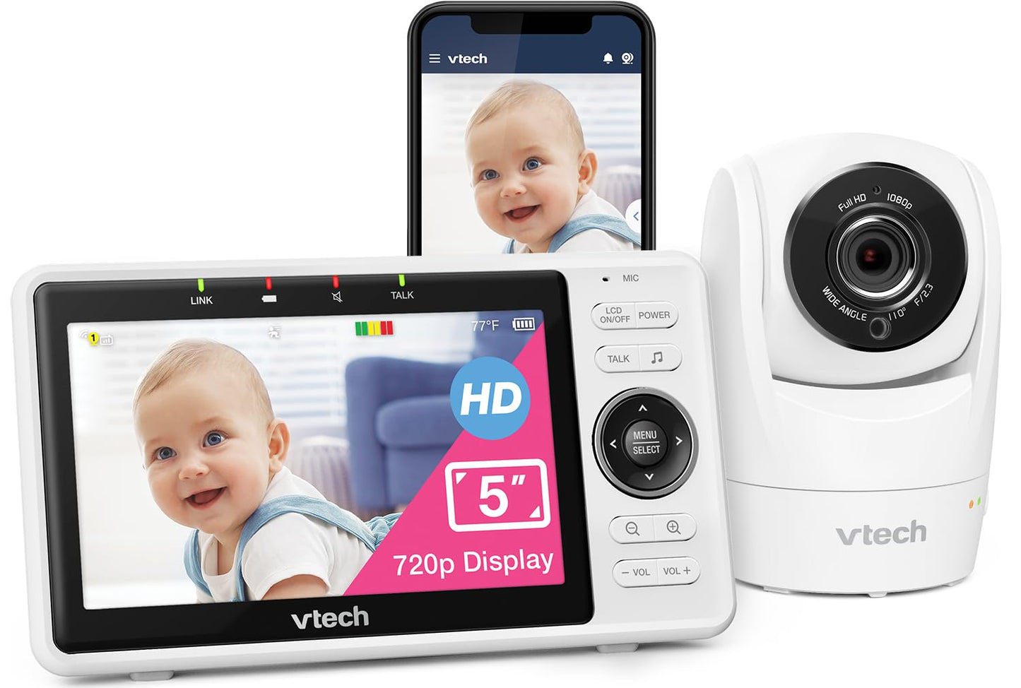 VTech Upgraded Smart WiFi Baby Monitor, 1080p FHD Camera and 5" HD IPS Display, Free App with Motion Video, Sound/Motion Detection and Notifications, Fully Remote Pan-Tilt-Zoom: VM901