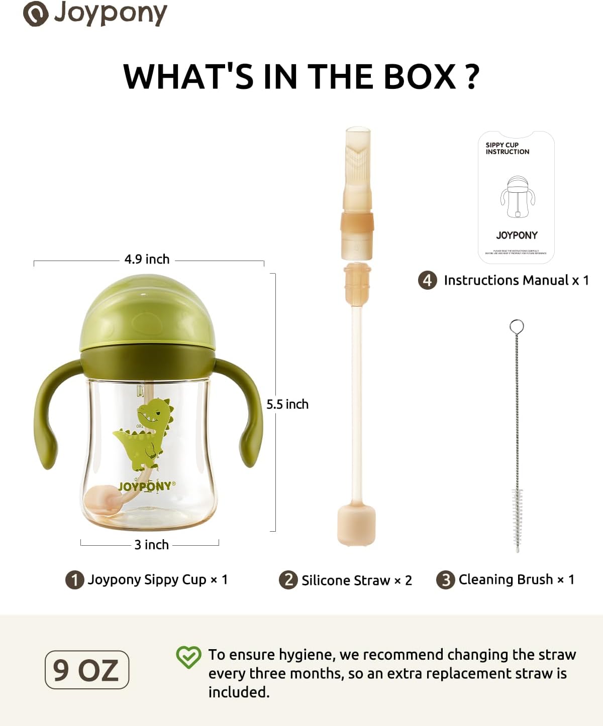 Sippy Cups for Toddlers 1-3, Spill Proof Weighted Straw Cup with Handle for Baby 6 Months + old, 2 Silicone Straws, PPSU, BPA Free, 9 oz (Green)