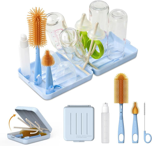 Travel Bottle Brush with Portable Bottle Drying Rack, Baby Bottle Brush for Baby Travel Essential, Blue