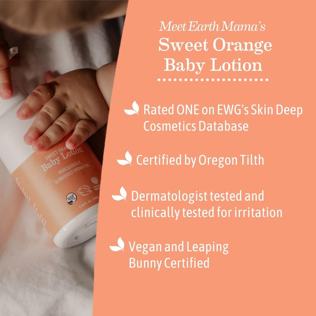 Earth Mama Sweet Orange Baby Lotion | Moisturizing Body Lotion for Dry Skin, Newborn Baby Lotion Sensitive Skin Care, Face Lotion for Babies & Kids with Shea Butter, Calendula & Aloe, 8 Fl Oz (2-Pack)