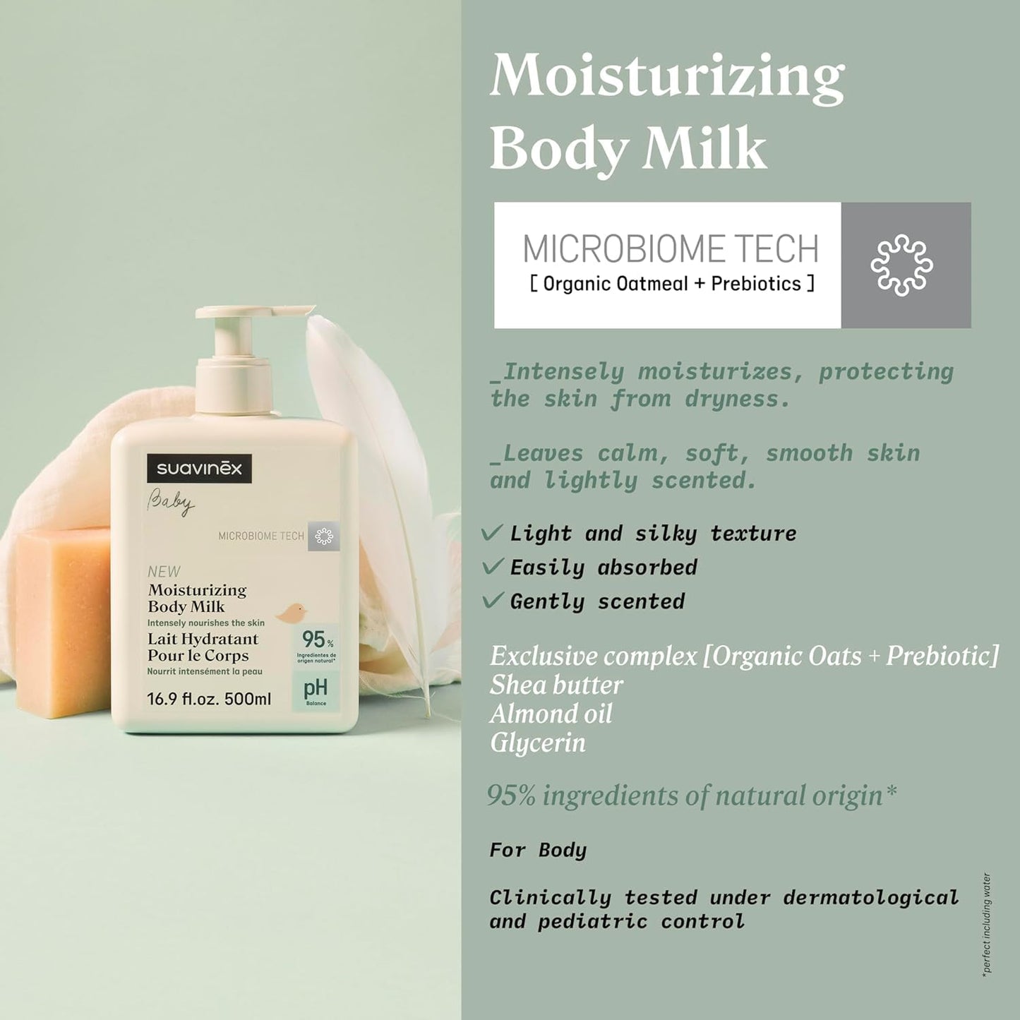 Suavinex, Moisturizing Body Milk Baby Moisturizer, Baby Lotion Suitable for Sensitive Skin and Newborns, Light Texture, Easy Absorption, 95% Ingredients of Natural Origin, 16.9 fl oz.