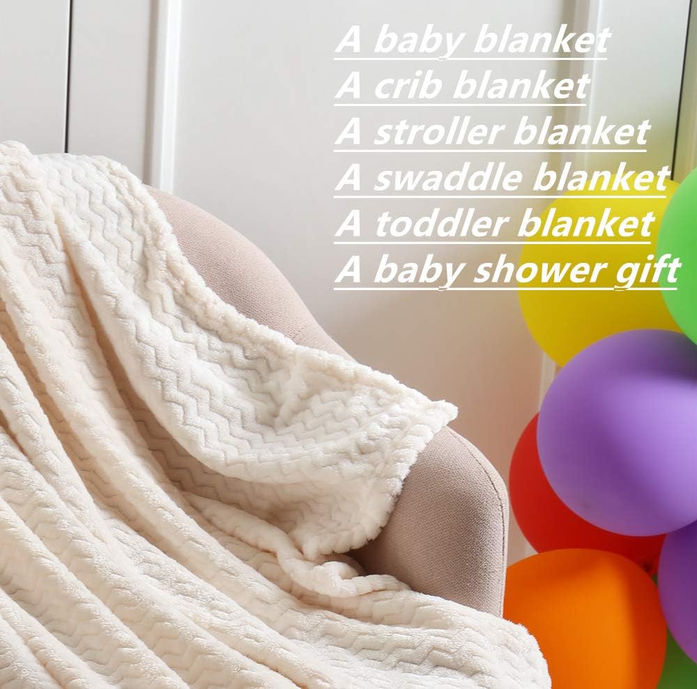 CREVENT 30''X40'' Soft Cozy Warm Baby Blankets for Boys Girls Solid Color - All Season Use - Newborn Essentials (Wave Ivory/White)