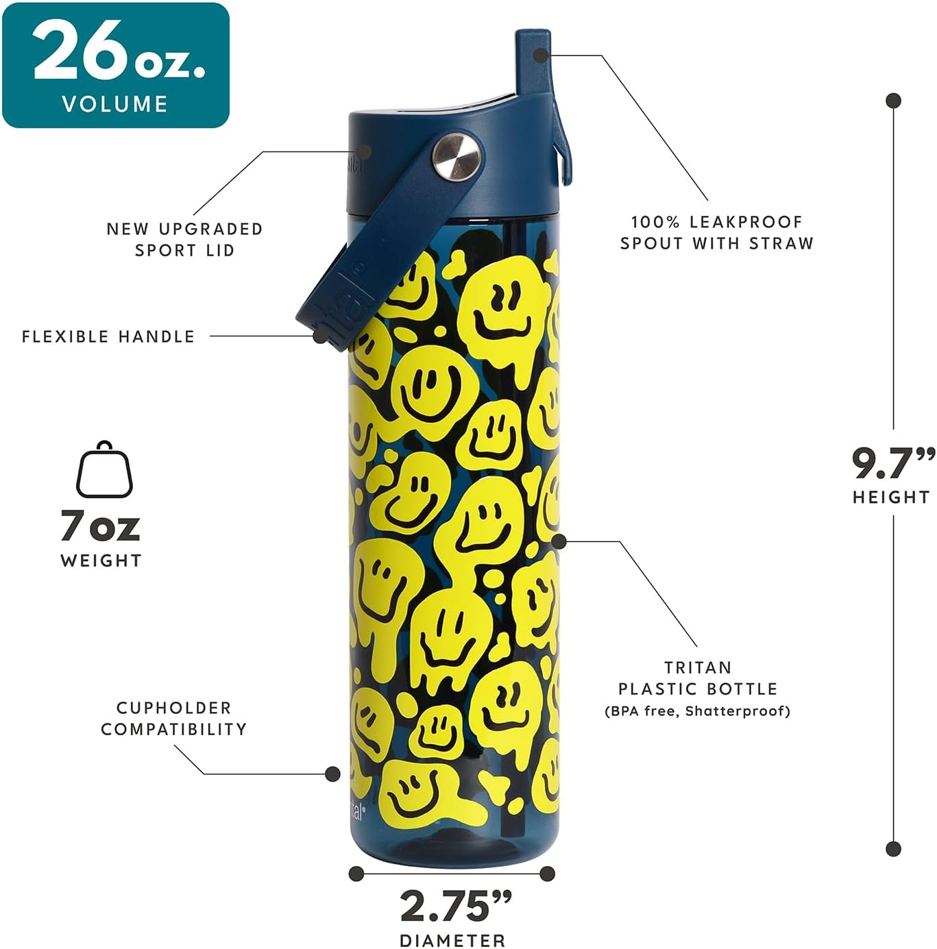 Elemental Splash Water Bottle with Straw - BPA-Free Tritan Plastic Reusable Water Bottle with Strap - Ideal for Travel, Gym and Sports - Leak Proof when Spout is Closed - 26oz - Smiley Melt