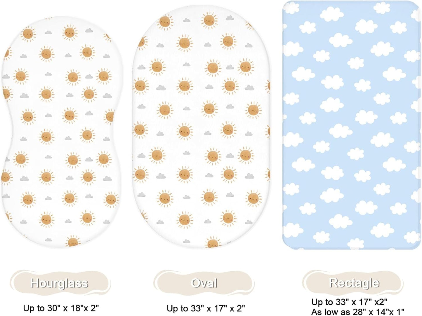 Bassinet Sheets for Baby Girls Boys 2 Pack, Fitted Baby Mattress Sheet for Rectangle, Oval, Hourglass Bassinet Mattress, Breathable Cozy & Universal Fit (Sunny Morning)
