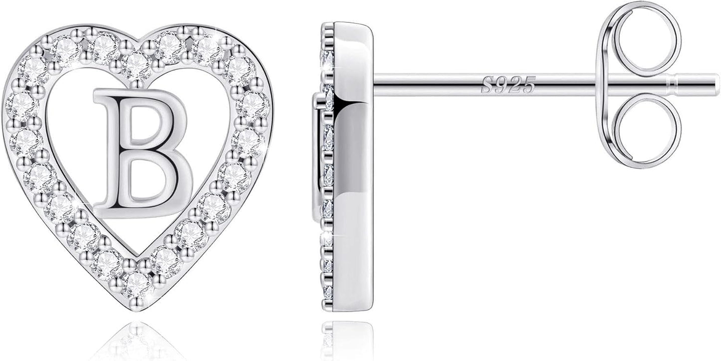 Anoup Christmas Gifts for Grandkids Girls Earrings - S925 Sterling Silver Post CZ Hypoallergenic Stud Heart Initial Earrings for Women Kids Jewelry Stocking Stuffers for Teen Girls Birthday Gifts