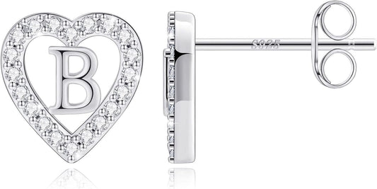 Anoup Christmas Gifts for Grandkids Girls Earrings - S925 Sterling Silver Post CZ Hypoallergenic Stud Heart Initial Earrings for Women Kids Jewelry Stocking Stuffers for Teen Girls Birthday Gifts