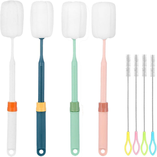 Dishwashing Foam Sponges Brush Telescopic Long Handle Scrubbing Brushes for Clean Dishes, Sinks ，Cookware，Coffee Glasses Pot Milk Cup Mugs Wine Bottle (4pcs+4straw Brush)
