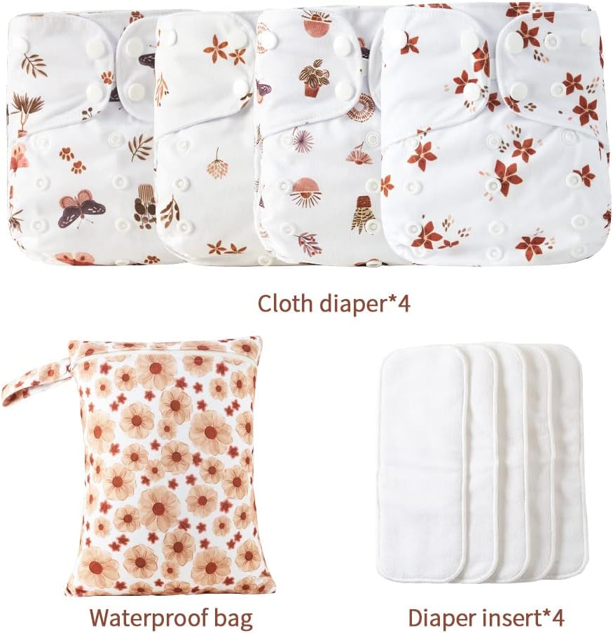 HappyFlute 9 Sets Newborn Baby Cloth Pocket Diapers One Size Adjustable Reusable for Baby Boys and Girls(6-33 pounds,0-3 Years),One Wet Bag+4Diapers and 4Inserts