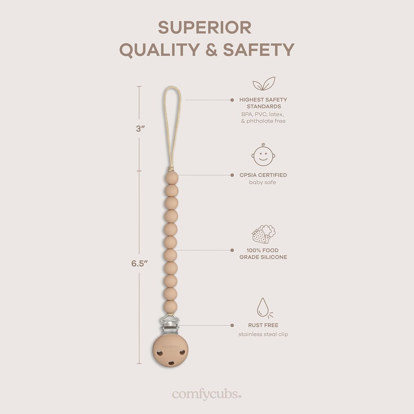 Comfy Cubs Pacifier Clips 2 Pack - 100% Food Grade Silicone Baby Pacifier Clips, BPA & PVC Free - CPSIA Certified, Lightweight and Flexible Baby Gifts - Beige