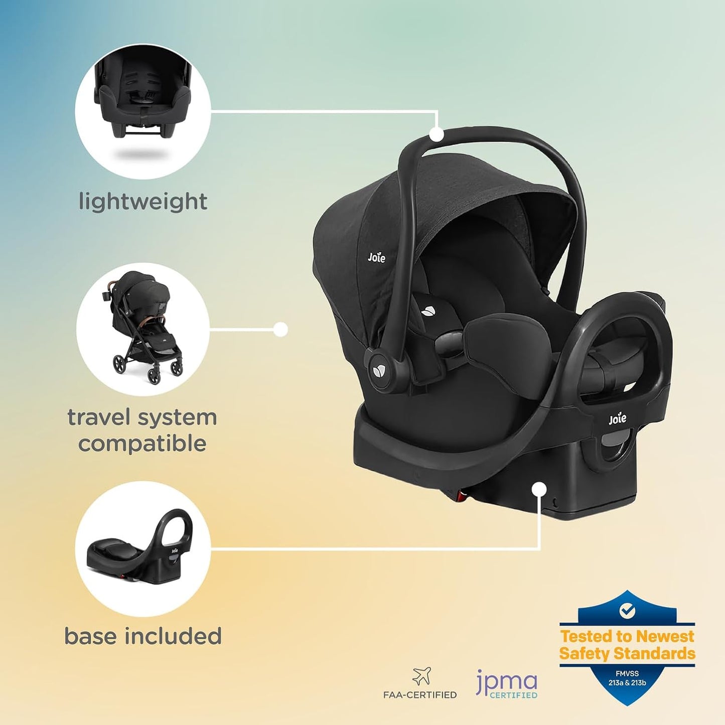 Joie Rue Lightweight Infant Car Seat & Anti-Rebound Base –Side-Impact Protection, 5-Point Harness, and UPF 50+ Canopy for Newborns and Infants (Shale Dark)