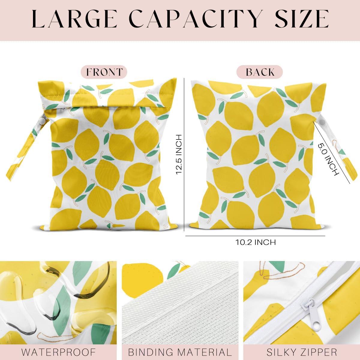 4Pcs Waterproof Wet Bag for Swimsuit, Travel Beach Wet Dry Bag, Hidden Zipper Reusable Lemon Pineapple Banana Orange Decor, for Travel Beach Wet Swimsuits Toiletries Diapers Laundry Bag
