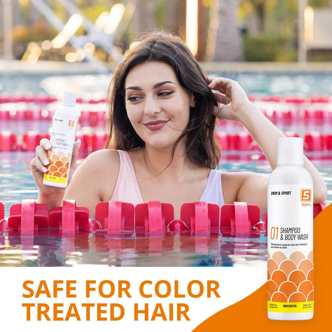 Swimmers Chlorine Swim Shampoo and Body Wash for Kids & Adults - Unscented with Vitamin C, Sulfate Free 8 Fl Oz